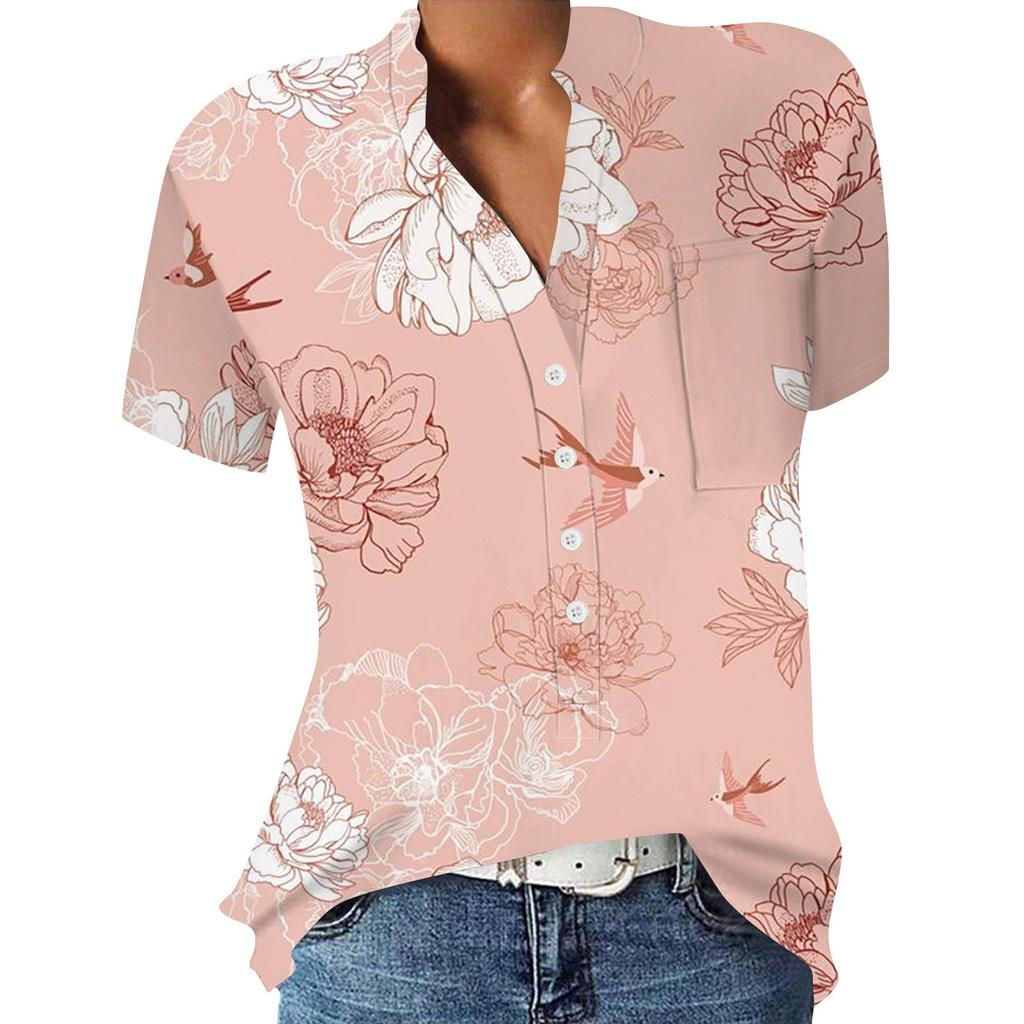 Lässige, bedruckte, kurzärmelige Hemdpullover mit V-Ausschnitt und lockeren Blusenoberteilen für Damen