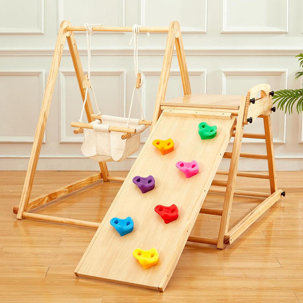 FUNLIO 4-in-1 Wooden Kids Swing & Slide Set, Foldable Montessori Jungle Gym for Kids, Indoor Playground with Swings, Slide, Ladder, and Climbing