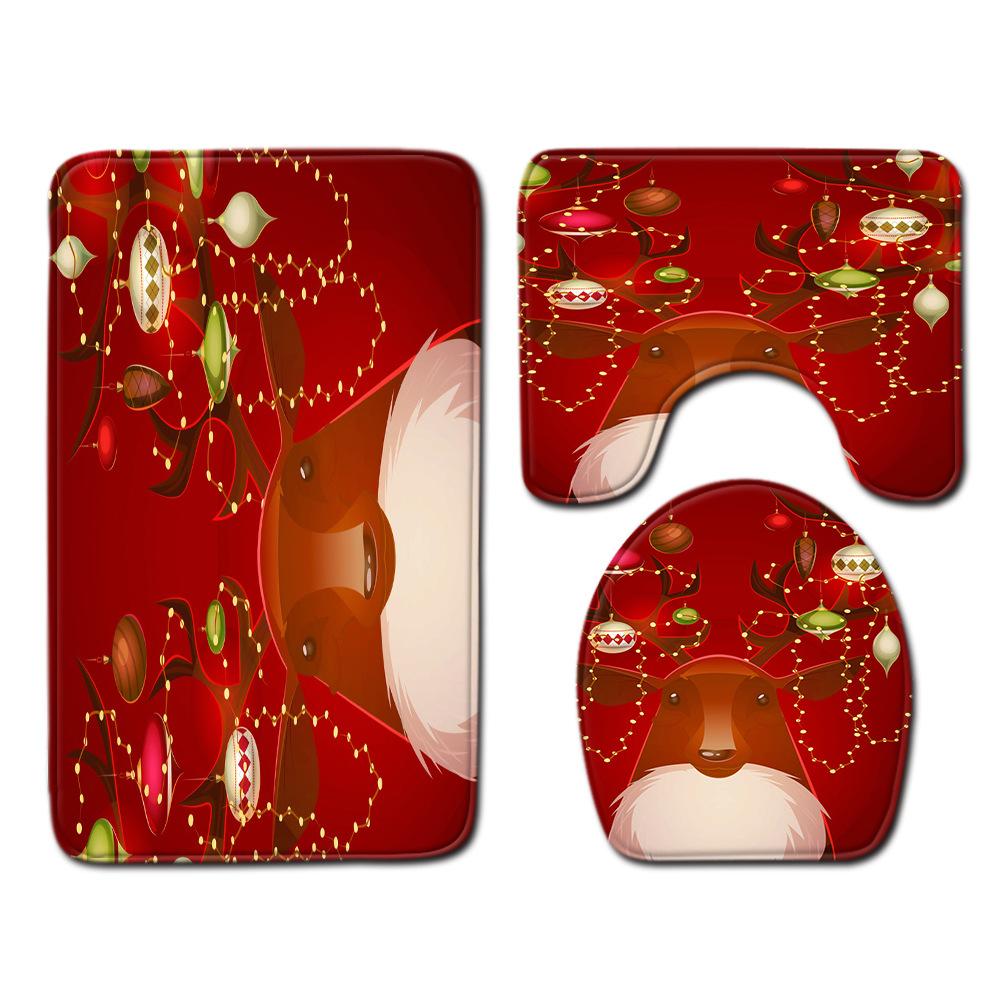 Christmas Shower Curtain Floor Mat Combination Four-Piece Set Bathroom Toilet Carpet Shower Room Mat Foot Mat