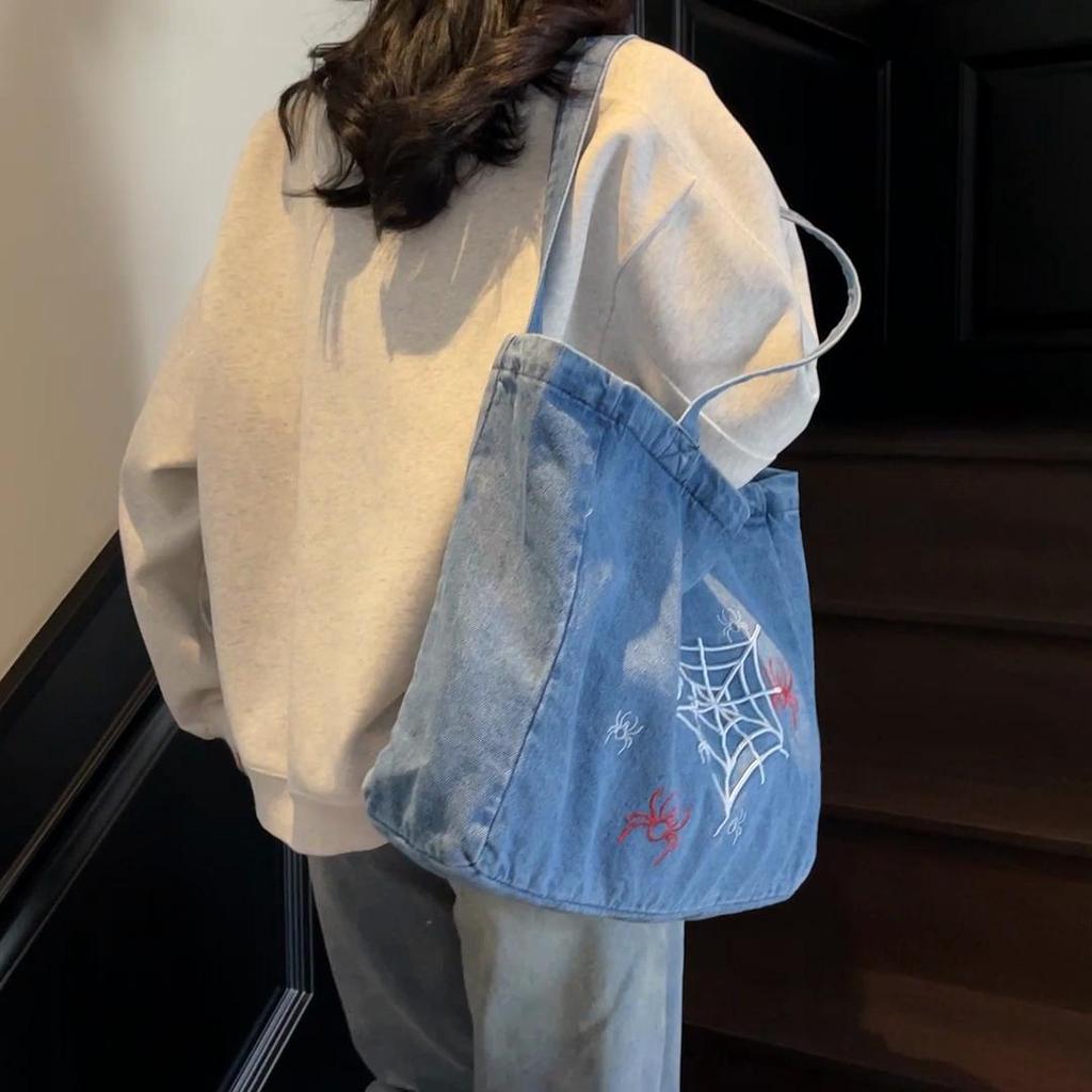 Large Capacity Denim Tote Bag Women's Travel Bag Embroidery Commuter Shoulder Bag