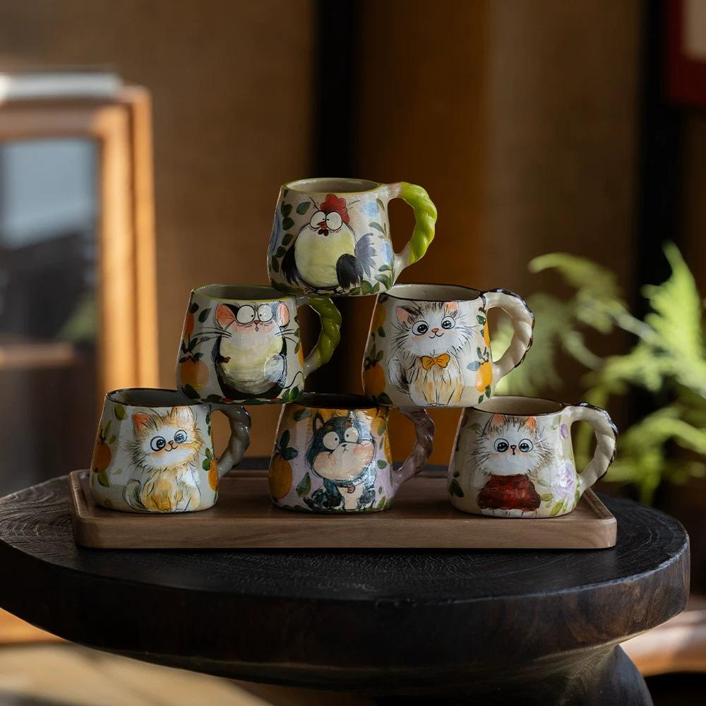 Cute Cat Ceramic Mug,Vintage Hand-Painted Ceramic Mug, Retro Floral Coffee Cup, Handmade Art Teacup for Home Office