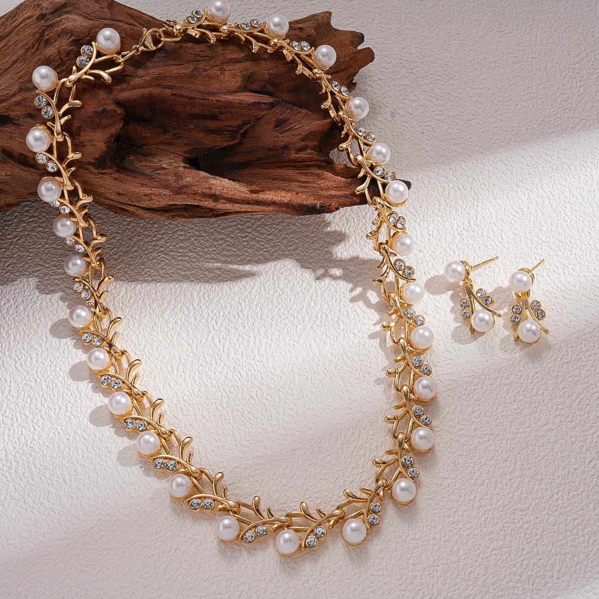 Two-piece diamond-encrusted imitation pearl branch sweater chain fashion temperament necklace