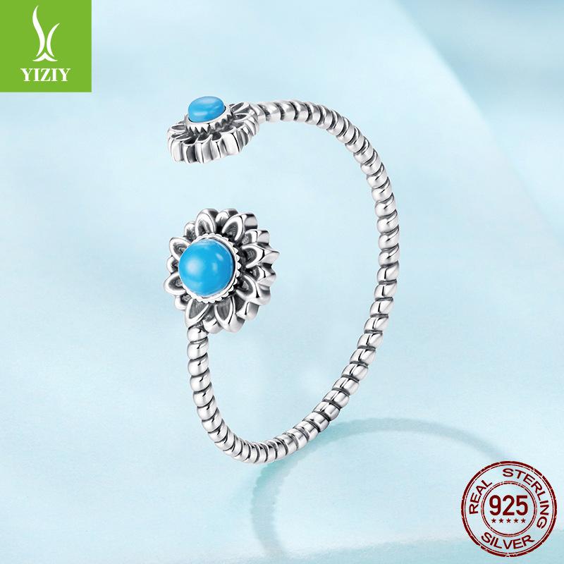 Vintage Sunflower Turquoise Open Ring, Elegant Classical Style S925 Sterling Silver Ring