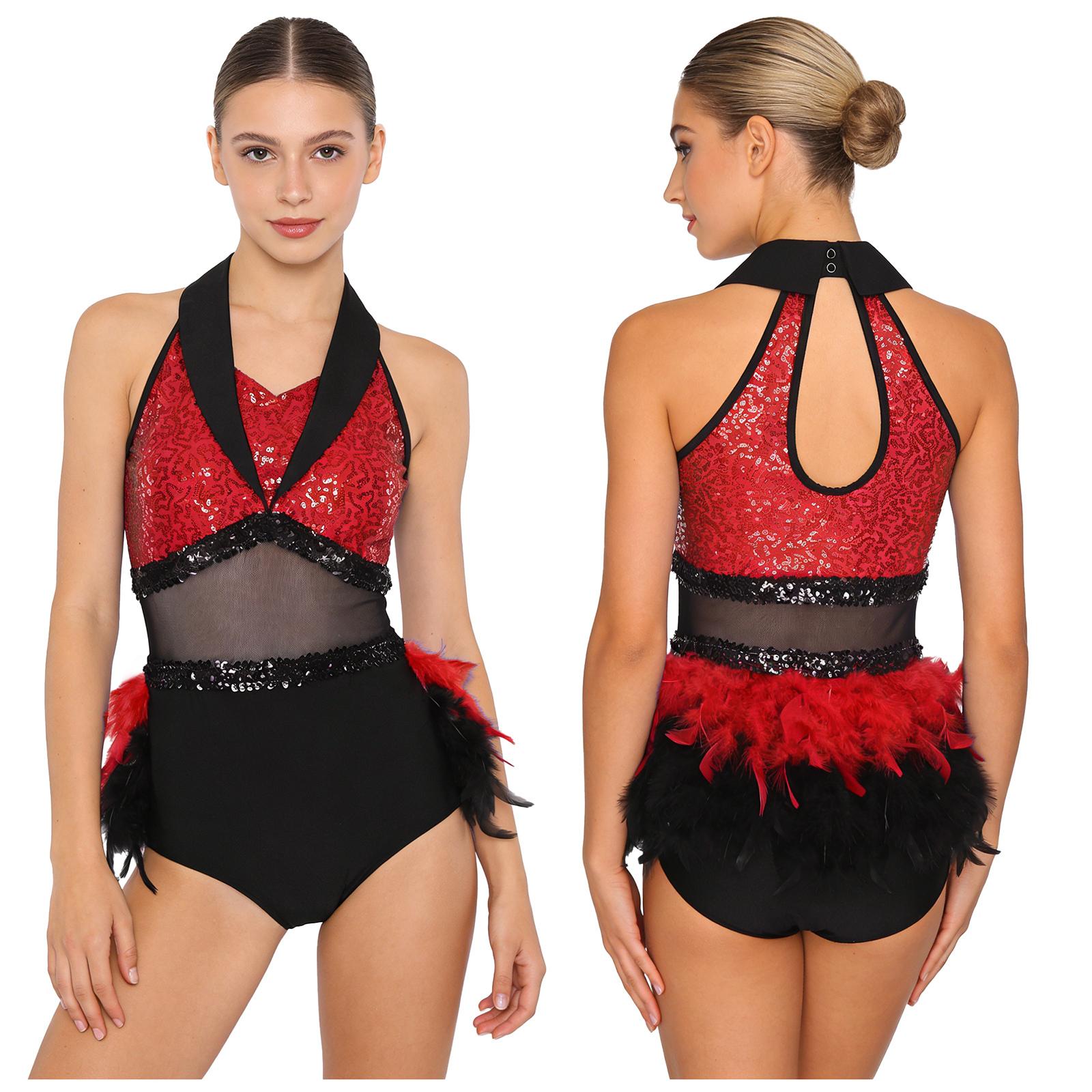 

Eye-Catching Latin Dance Jumpsuit for Women S-XXL: Sparkling Sequin Color Block with Feather Trim & Mesh Waist Cutout S