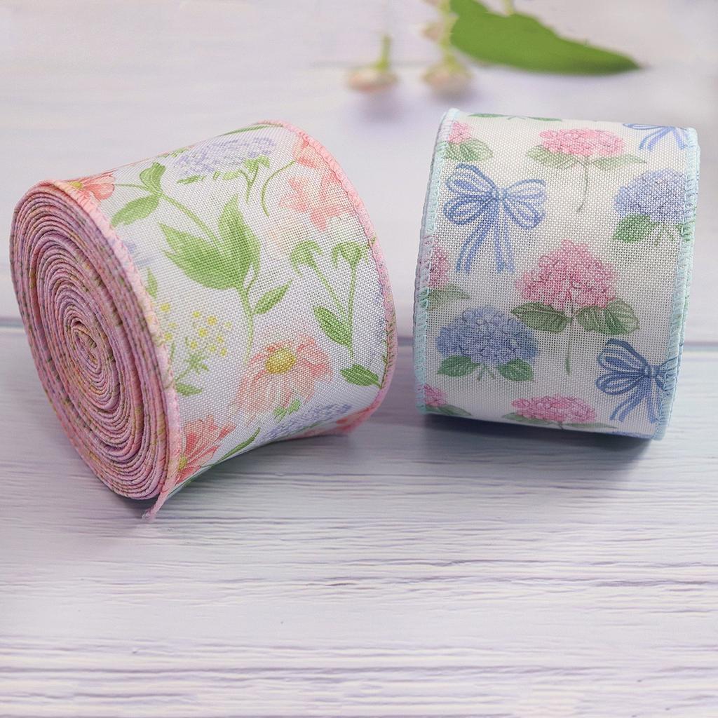 Floral Printed Ribbon with Wire Edges, 5 Yards 6.3cm Wide Polyester Craft Ribbon for Gift Wrapping & Decor