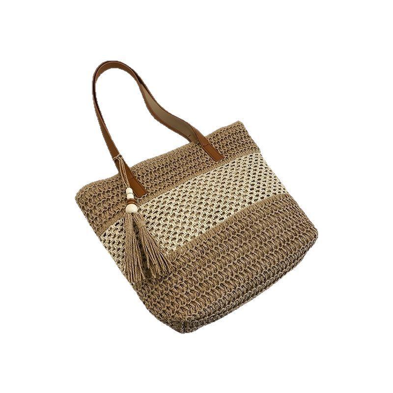 Sac Cabas en Paille pour Femme Grande Capacité Sac à Main en Rotin Tressé Sac de Plage d'Été Sac Bandoulière Couleur Contrastante Décor Pompon