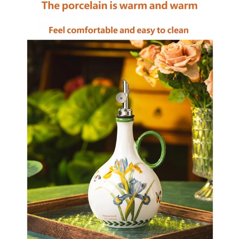 Ceramic Kitchen Oil Bottle with Easy Grip and Metal Pour Lid, Counter Dispenser for Everyday Home Cooking and Display