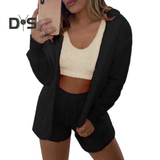 3 Teile/satz Herbst Winter Frauen Mantel Weste Shorts Set Dicken Plüsch Homewear Kleidung Nachtwäsche Mit Kapuze Lange Ärmel Offene Stich Warme Jacke Kordelzug