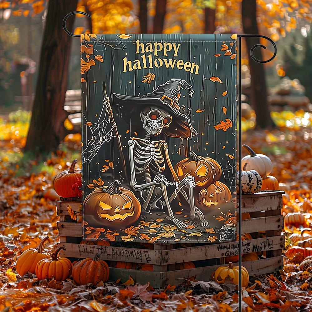 

Флаг для сада на Хэллоуин с изображением жуткого черепа и тыквы — 12X18 дюймов, двухсторонний, идеально подходит для декора двора и дома