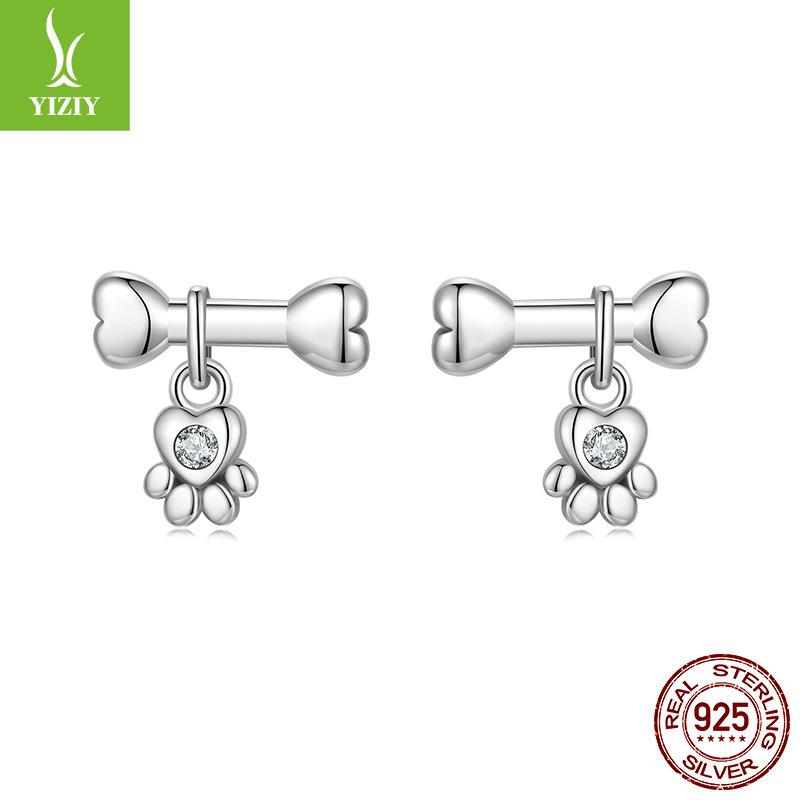 Dog Bone Dog Claw Stud Earrings, Cute Fun Stone Design S925 Sterling Silver Earrings Jewelry
