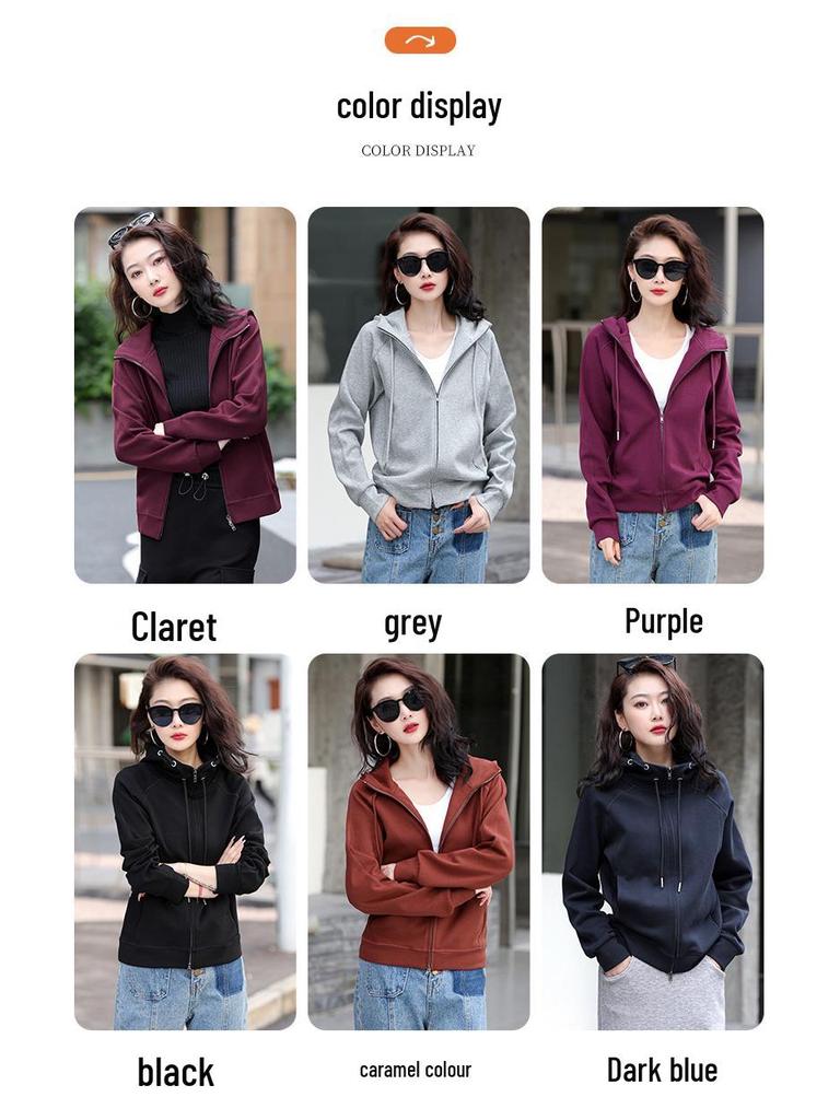 Grauer Damen-Cardigan-Hoodie mit doppeltem Reißverschluss, schwere Qualität - Sportlicher koreanischer Stil, Langarm, Frühjahr/Herbst Kollektion 2025.