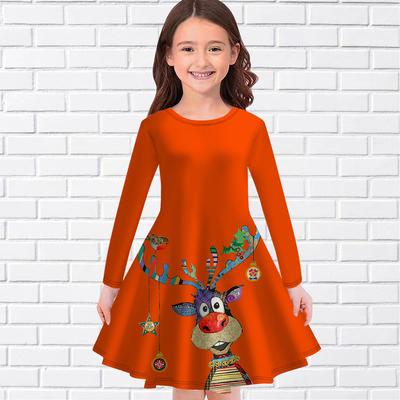 Robe Décontractée Mignonne Imprimé Élan Col Rond Manches Longues Robe de Princesse Enfant