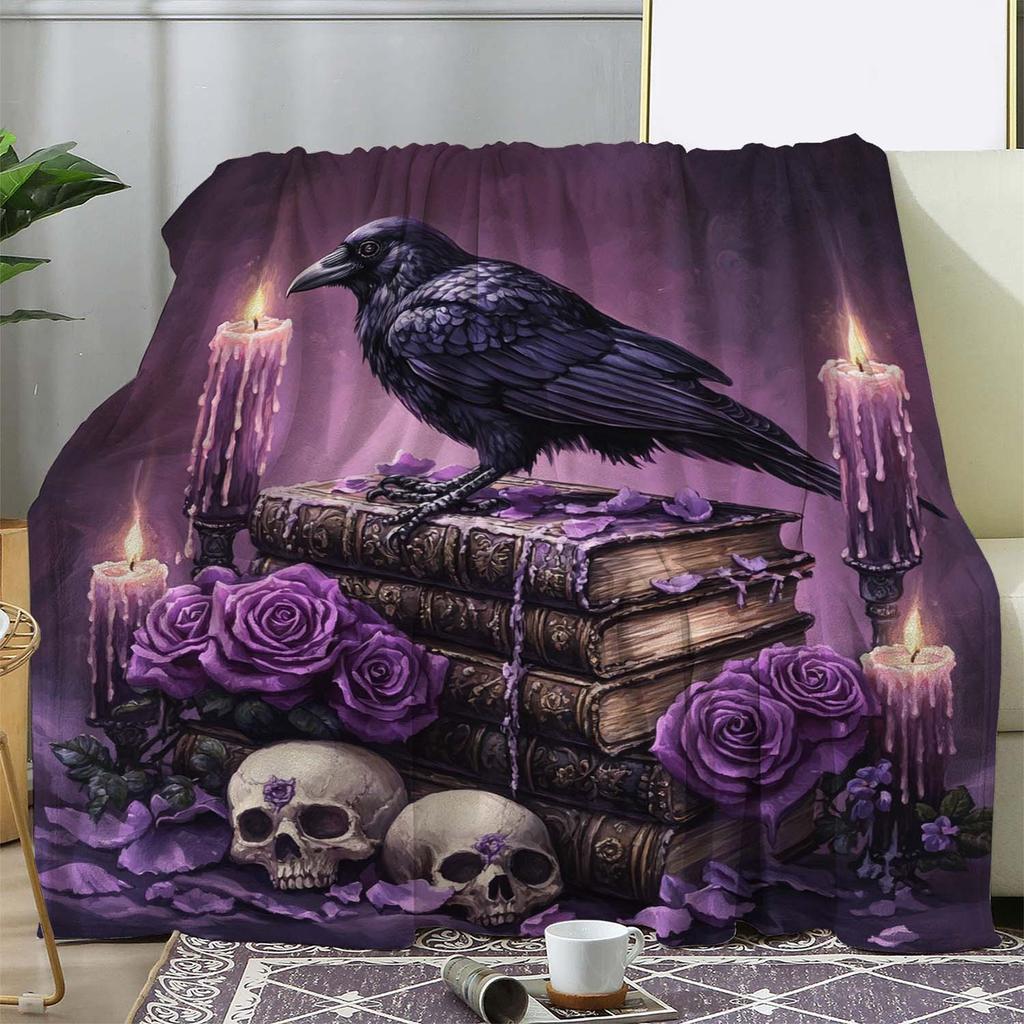 Coperta in Flanella Teschio Corvo Gotico, Morbido Plaid con Stampa Rosa Viola per Divano Letto Campeggio, Stile Vintage Decorazione Casa Regalo