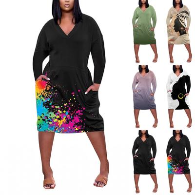 Women's Summer Plus Size V Neck Long Sleeve Knee Pocket Casual Dress