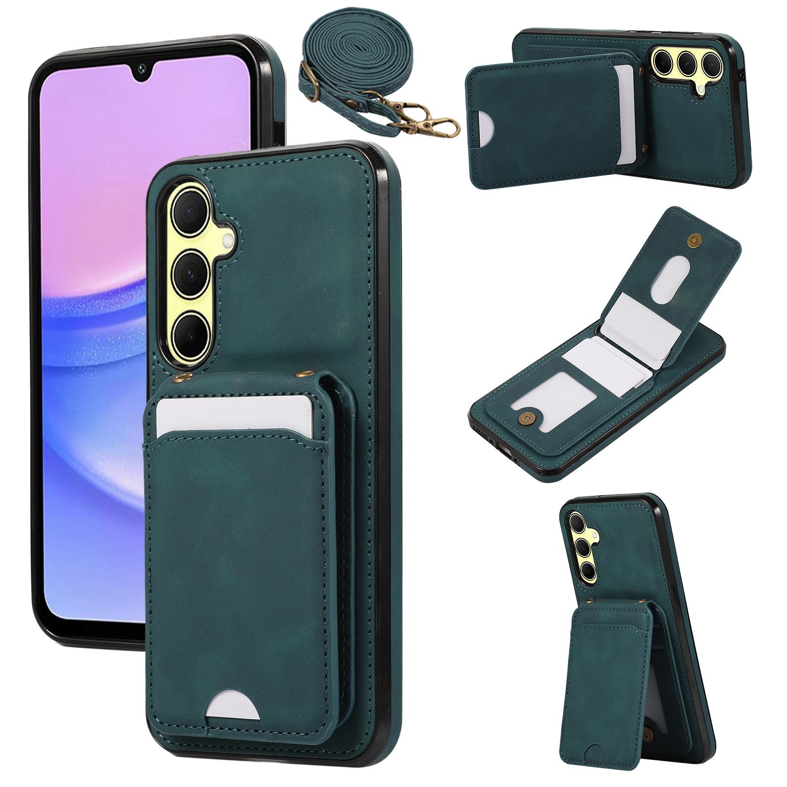 

For Samsung Galaxy A16 4G/5G Case Card Holder Kickstand Leather+TPU Phone Cover with Shoulder Strap Green