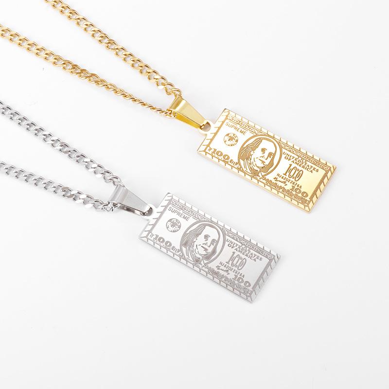 European and American 18k 100 US Dollar Bill Necklace Stainless Steel Color Retaining Jewelry Fashionable Light Luxury Pendant