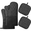 Heat-Resistant Silicone Non-slip Oven Gloves and Potholders for Holder Hot Trays for Cooking, 2 Gloves&2 Potholders (Black/Diamond)