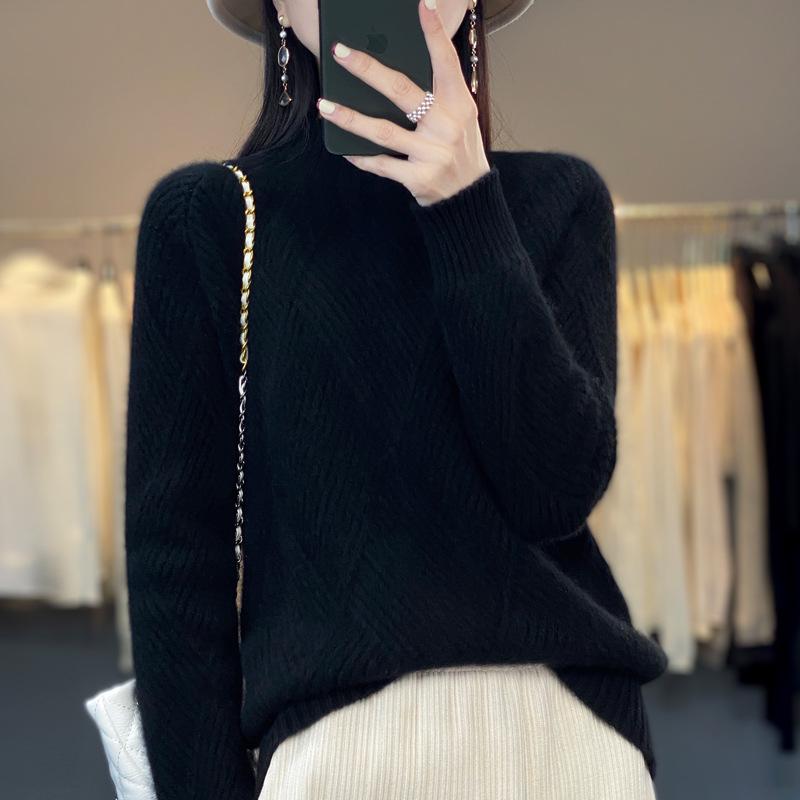 Women's Autumn-Winter Wool Knit Sweater - Half-High Collar, Solid Color, Slimming Pullover with Long Sleeves