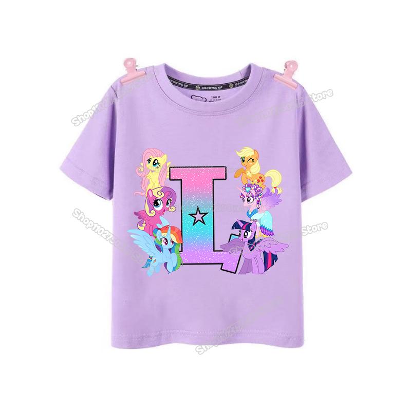 My Little Pony Girl T Shirt Twilight Sparkle Letter AZ TShirts Cartoon Kids Short Sleeve Tee Tops Casual Children Clothes