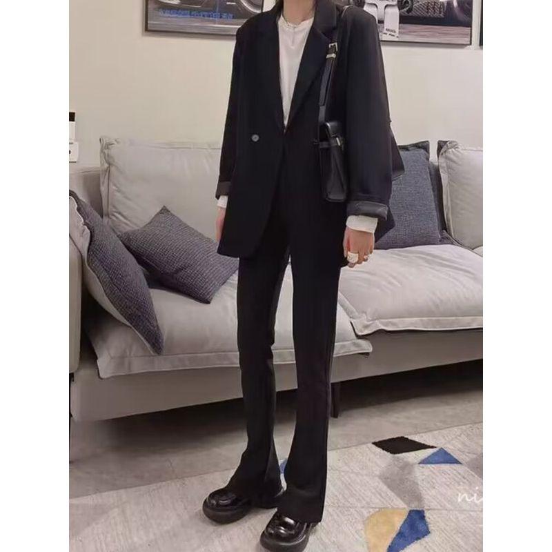 2026 Spring Plus Size High Waist Elastic Split Casual Pants for Women, Black Straight Narrow Leg Floor-Length Pants for Plus Size Women