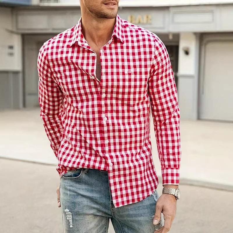 Men Casual 3d Digital Print Plaid Turn Down Collar Long Sleeve Breathable Shirt