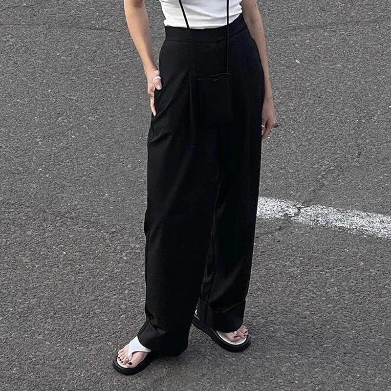 Módní plisované kalhoty se širokými nohavicemi Podzimní jednobarevné kalhoty k obleku s vysokým pasem a kapsou Elegantní dámské kalhoty do kanceláře 24307