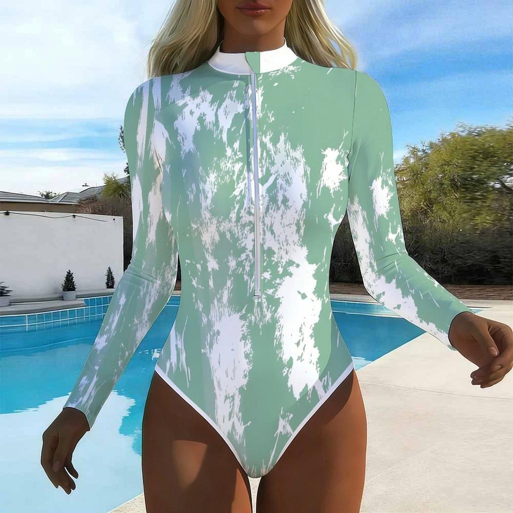 Women Long Sleeve One Piece Swimsuit Zip Front  Ink Tie Dye Print Rash Guard Surfing Bathing Suit