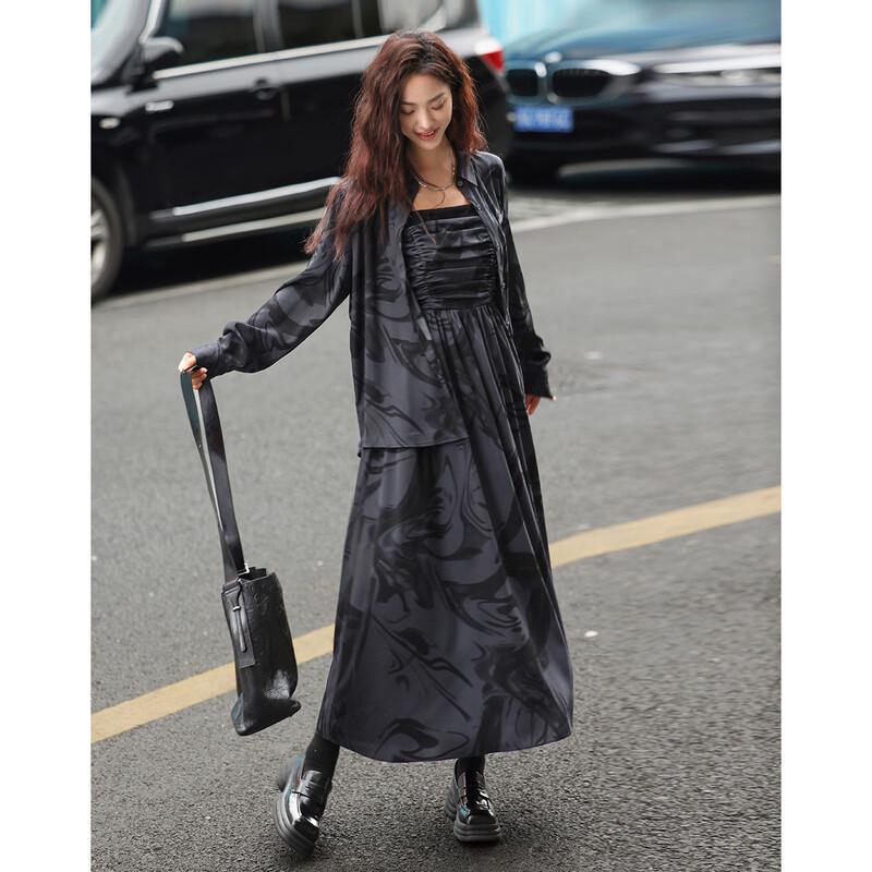 New Chinese Style Ink Print Shirt and Suspender Dress Set