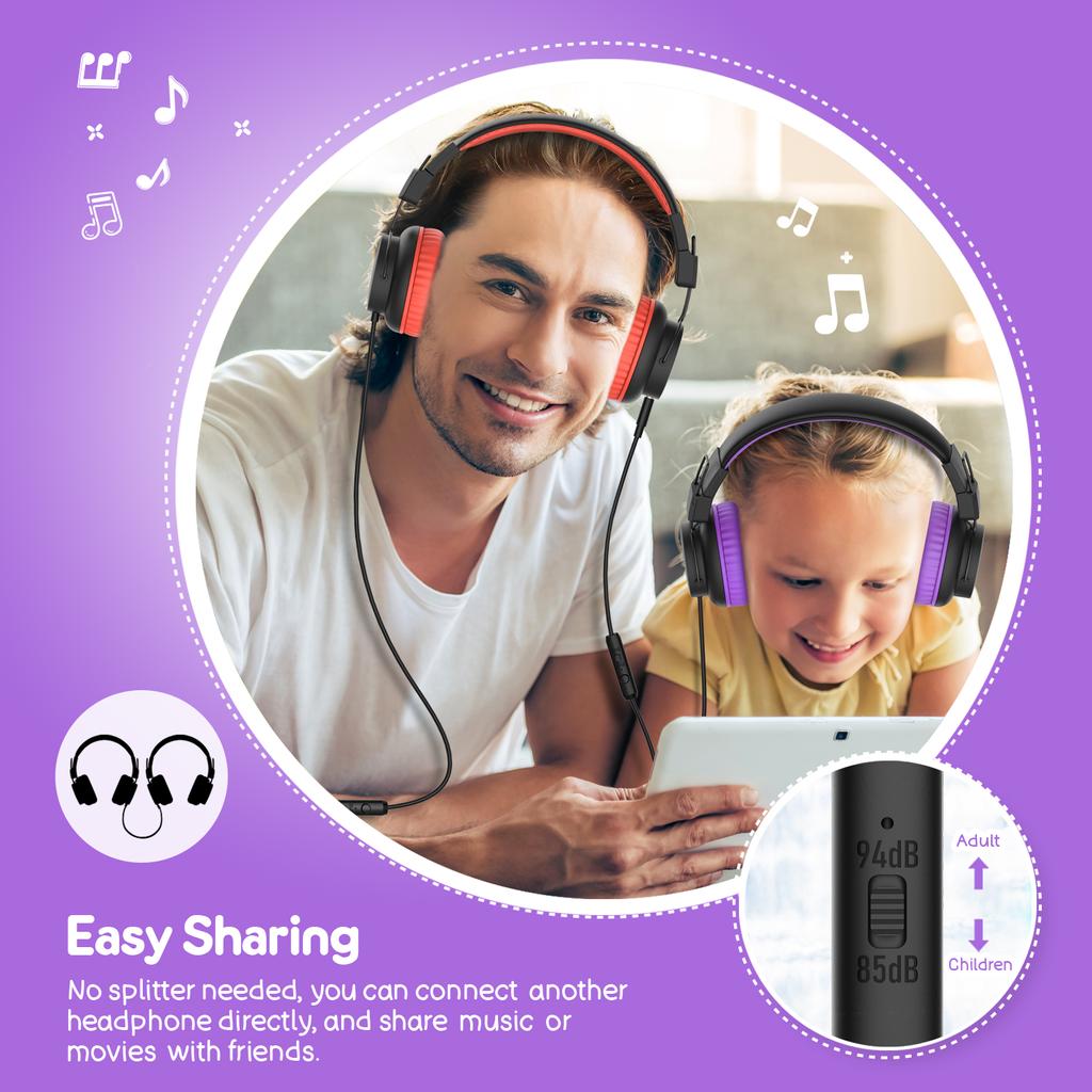 Kids Headphones, Headphones, 85dB/94dB Volume Limited, Wired Headphones with Mic, Sharing Function, Adjustable Toddler Headphones for School/Tablet/PC