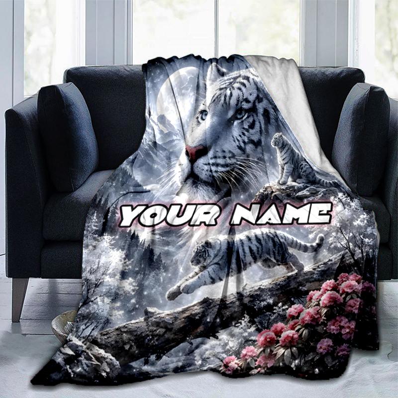 1PC Custom Name White Tiger Snowy Landscape Outdooor Flannel Blankets Throw Blanket All-Season Throw Gift Bedspread for Couch, Bed, Camping Holiday Bi