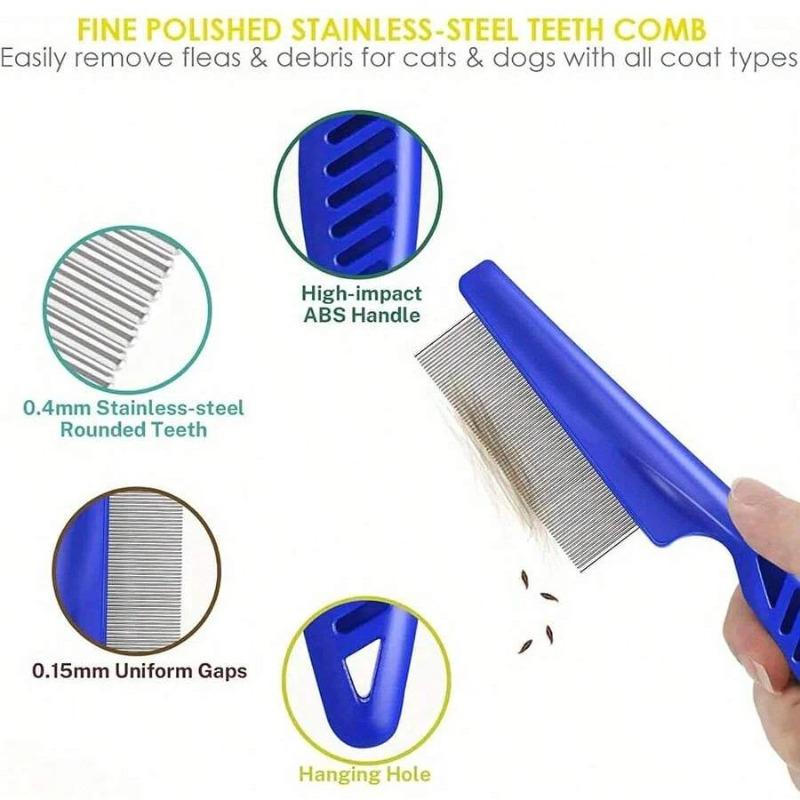 4 Pack Flea Lice Comb, Stainless Steel Dog Cat Grooming Combs with Rounded Teeth, Double Sided Professional Pet Tear Stain Remov