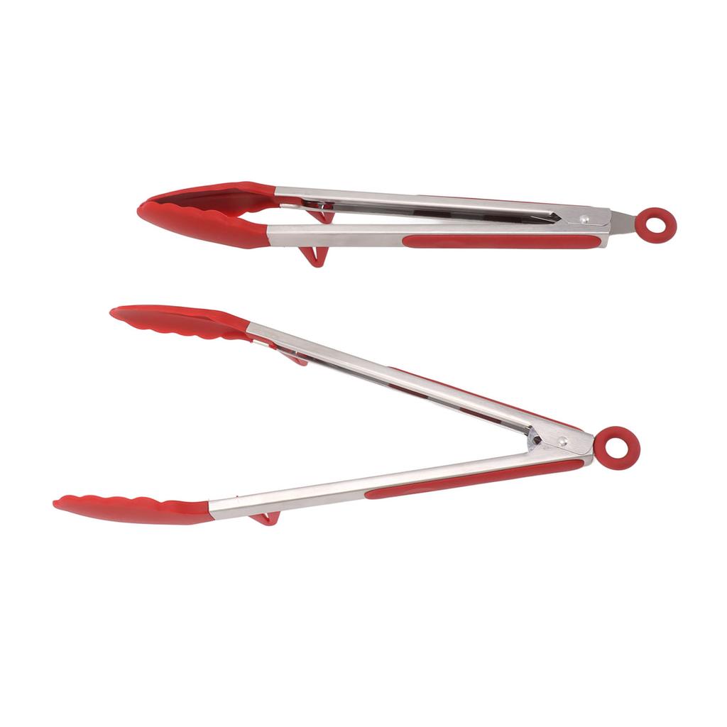 2pcs 12 Inch Kitchen Food Tongs Silicone Tip Long Stainless Steel Cooking Tong with Locking for Grilling BBQ Red