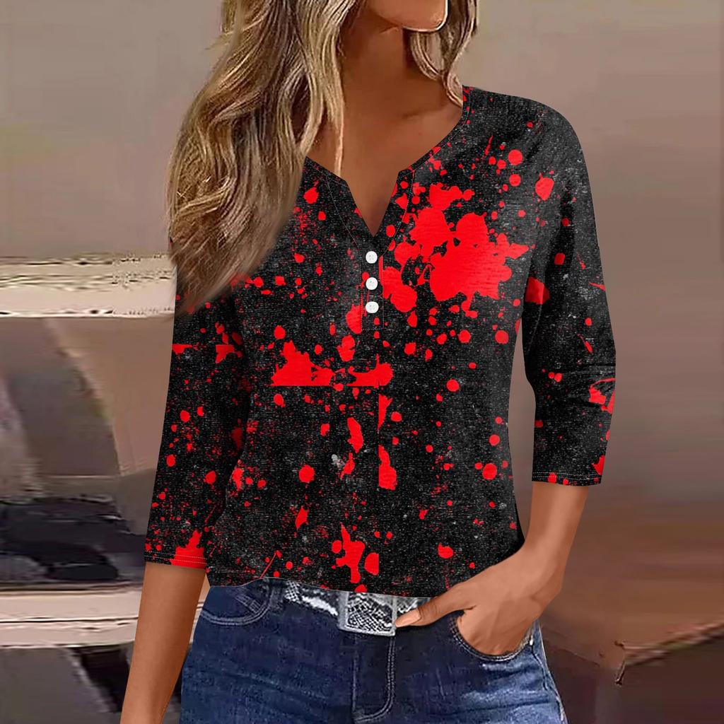 Women's Fashion Casual Halloween Printed V.Neck Short Sleeve Decorative Button Three.quarter Sleeve T-shirt Tor