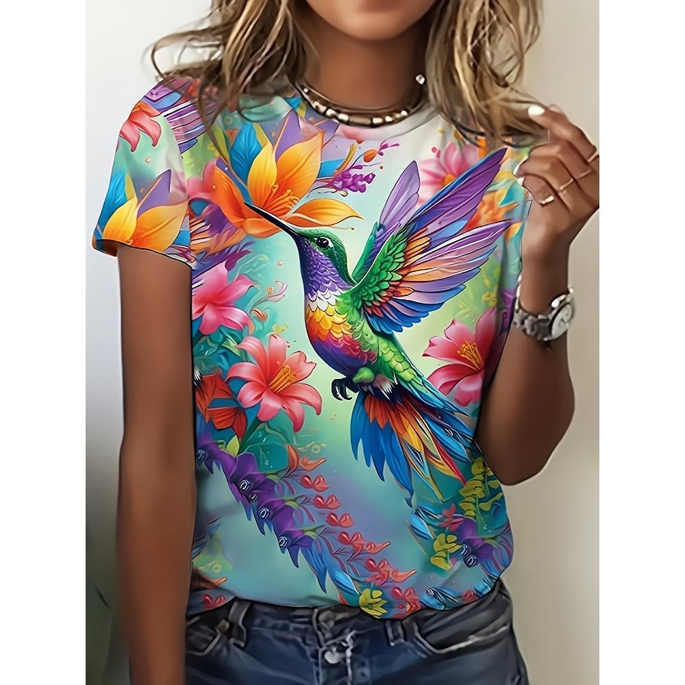2026 Sommer Rundhals Damen T-Shirt Mode 3D Hawaiianischer Papagei Vogel Druck Kurzarm Cartoon Lässig
