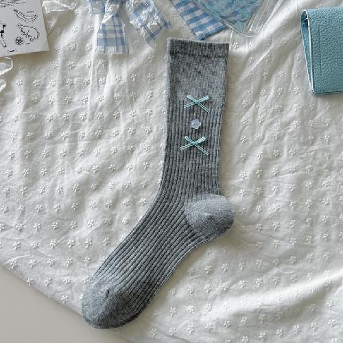 Ballet Style Solid Color Bow Mid Tube Socks Summer Cotton Lightweight Breathable Fashionable Soft Comfortable Casual Women Socks