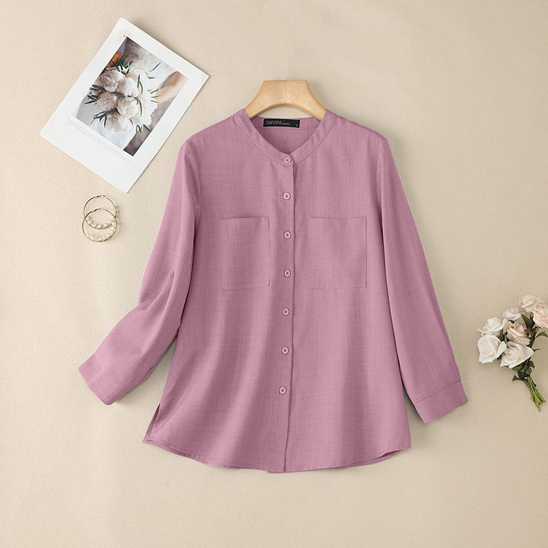 ZANZEA Kadın Günlük Yuvarlak Yaka Düz Renk 3/4 Kol Bol Bluz