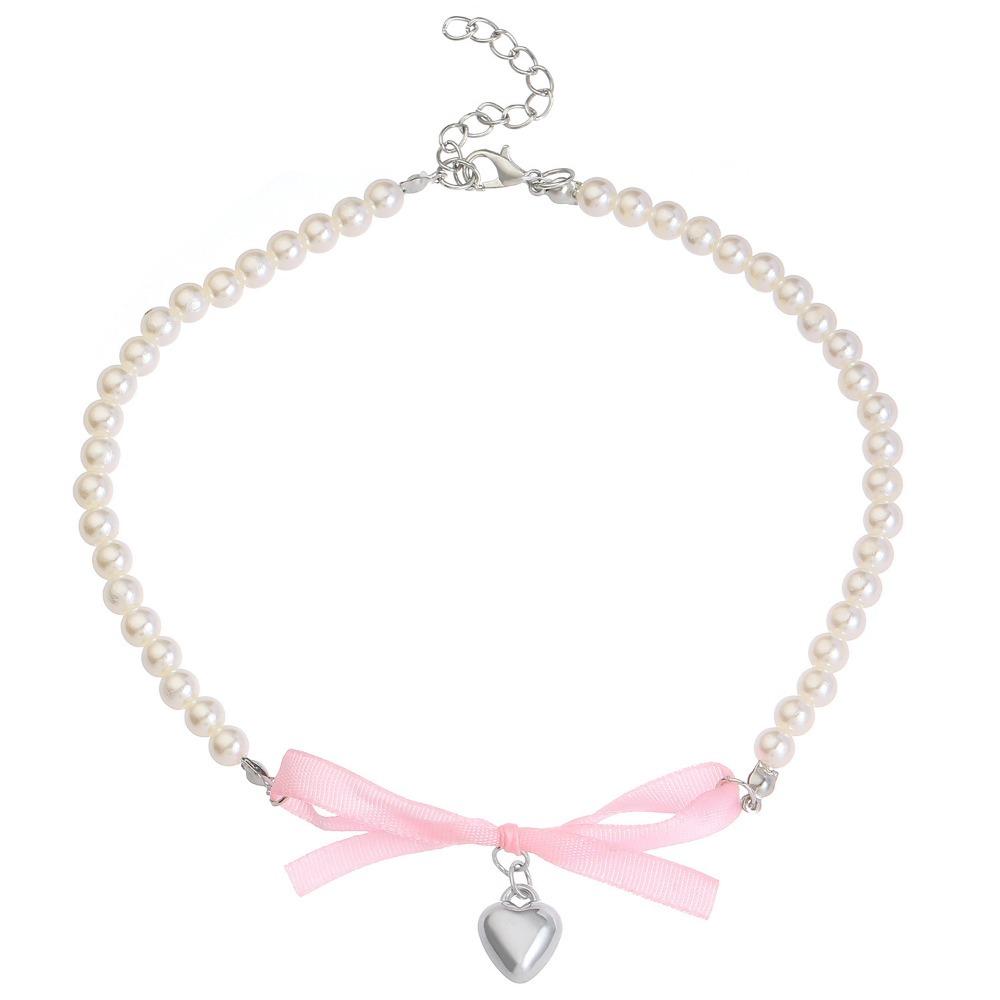 Cute Romantic Pink Bowknot Pearl Beaded Heart Crystal Cross Pendant Necklace for Women Charm Sexy Y2K Collar Jewelry Accessory