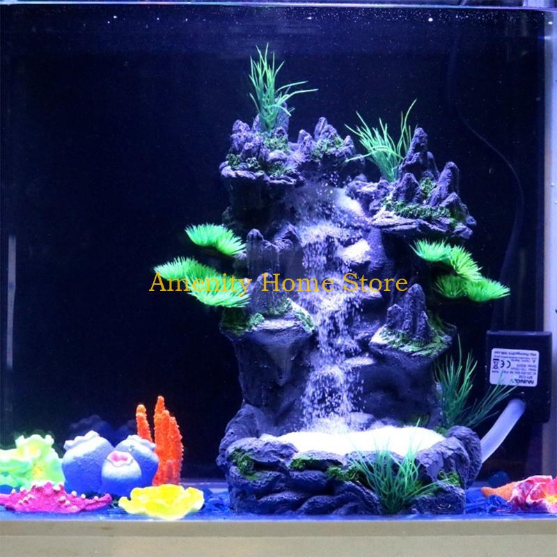 F26C Aquarium Decoration Artificial Resin Landscape Fish for Tank Rock Mountain View Underwater Sand Waterfall