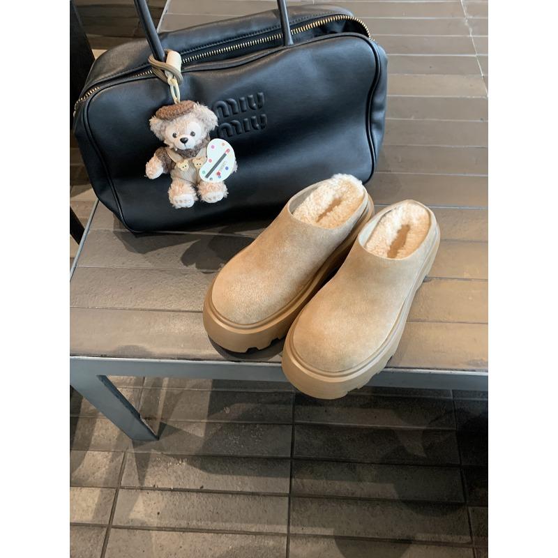 

High mercerized leather thick-soled one-pedal snow boots bag head fluffy slippers winter 40 хаки