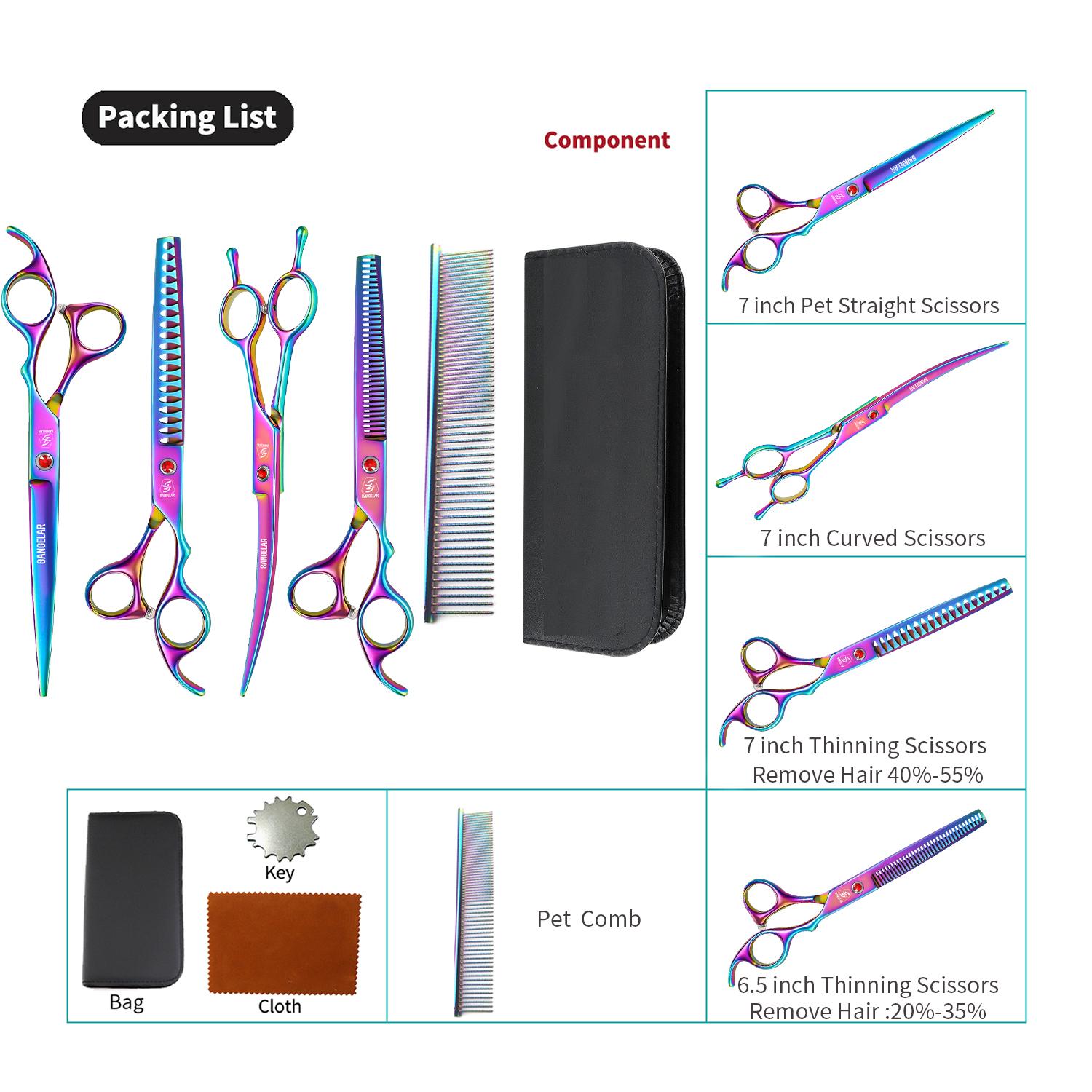 

Набор ножниц для груминга Sangelar, включает прямые, изогнутые и филировочные ножницы, филировка шерсти 20%-55%, доступны варианты с круглыми кончиками 7 inch Multicolor