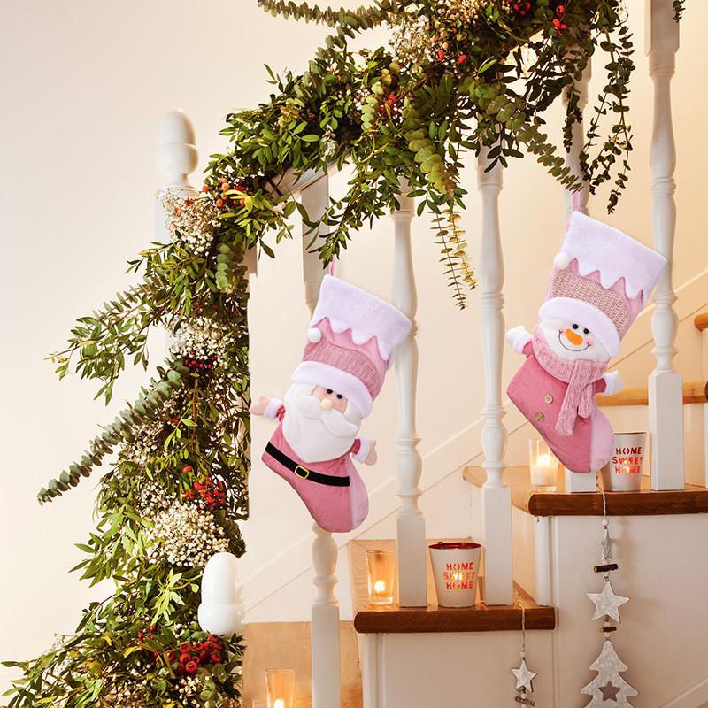 Nordic Pink Festive Christmas Stockings With Adorable Santa Snowman Perfect For Gifts
