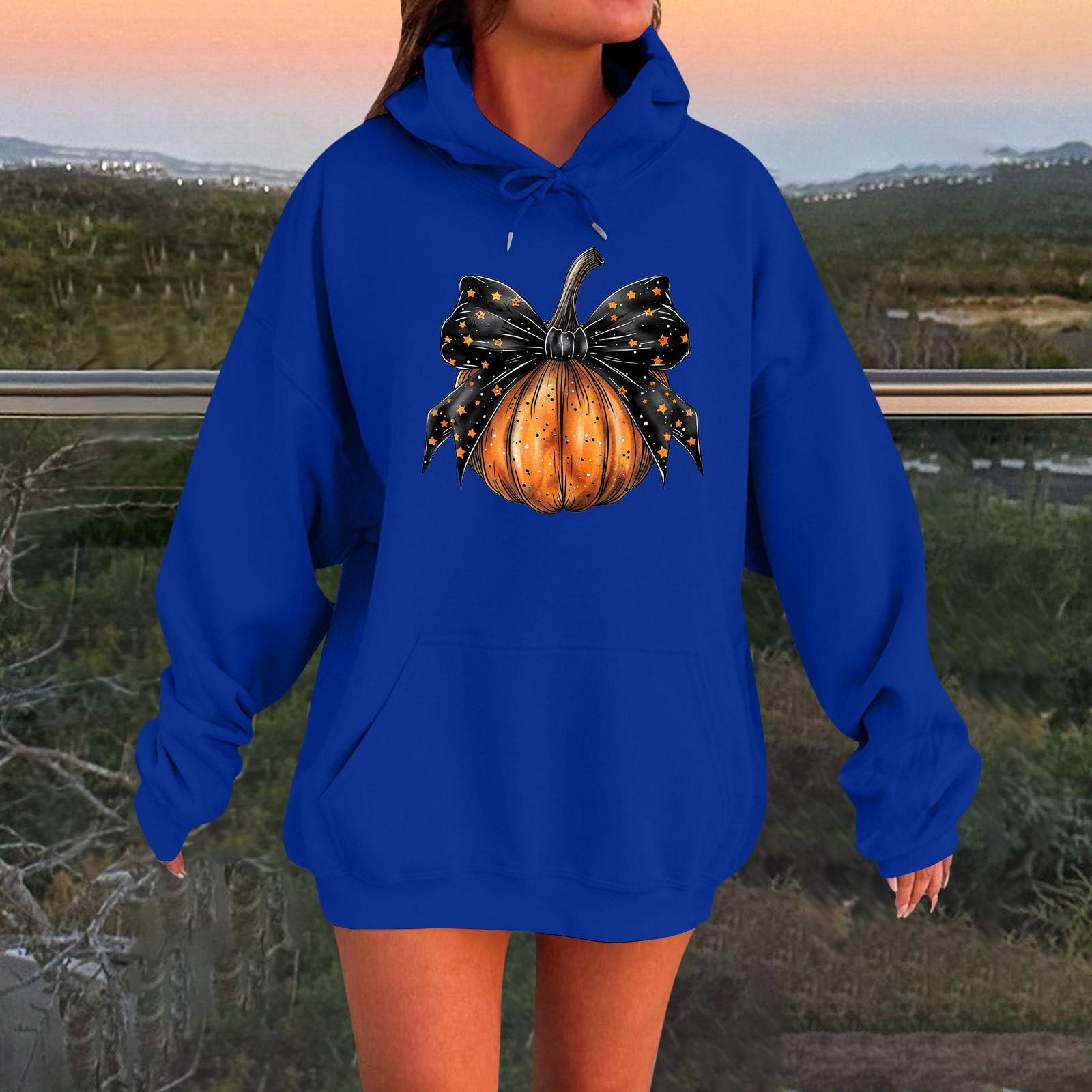 

Women s Long-sleeved Oversized Dropped Shoulder Sleeves Women s Hooded Halloween Print Plush Sweatshirt L синій