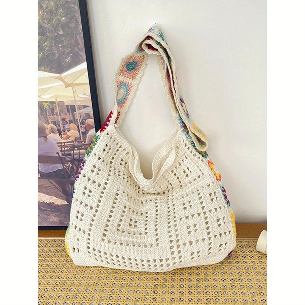 Retro Hollow Bohemian Style Yarn Bag Fashionable Beach Vacation Shoulder Bag Commuting Portable Embroidered Pattern Crossbody Bag, Flower Pattern