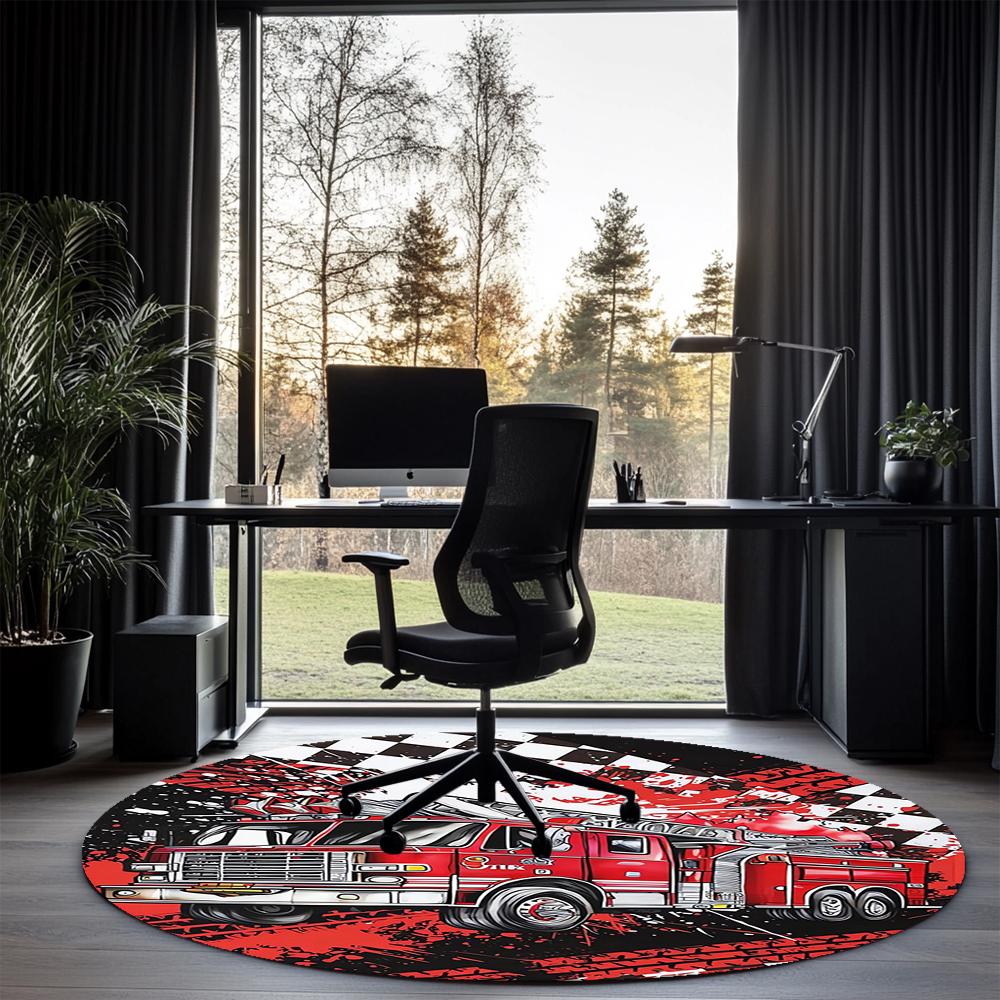 Fire Truck Printed Round Rug Carpet Chair Rug Area Rug Entryway Doormats,for Office Chair Living Room Bedroom Kitchen Room.