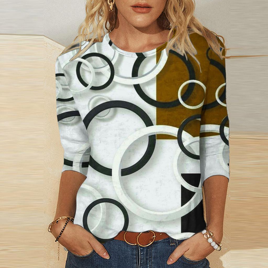Umělecký geometrický vzor potištěný top Módní kontrastní barva Personalizovaný kulatý výstřih Dámská trička s dlouhým rukávem