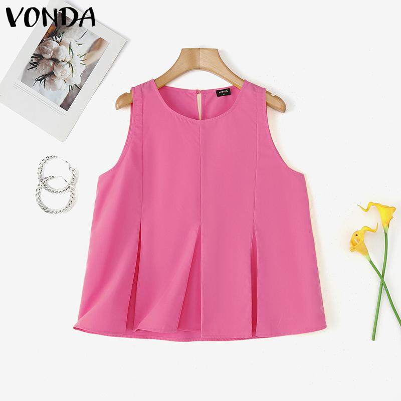 VONDA Sommer Damen O-Ausschnitt Ärmellos Plissiert Lässige Tanktops