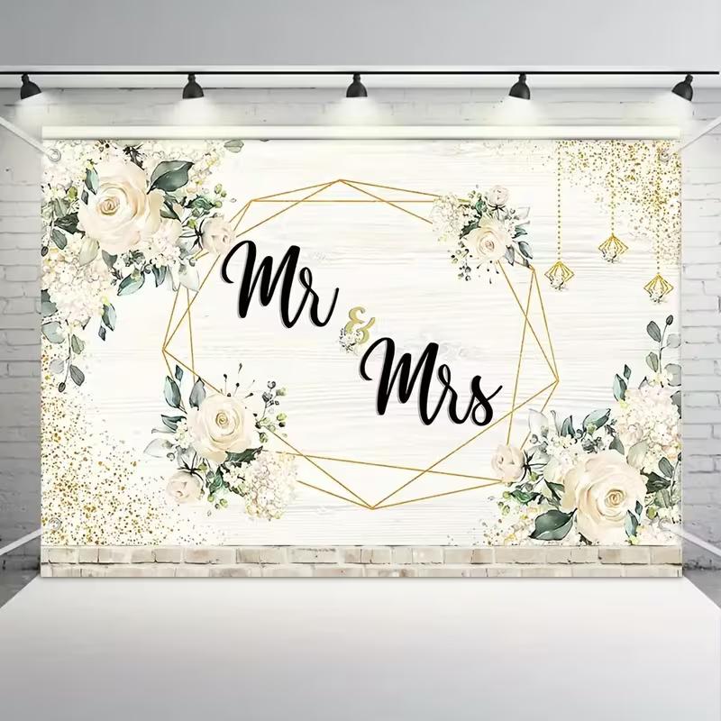 2D Flat Rustic Wood Wedding Banner, White Rose & Eucalyptus Bridal Shower Photo Booth