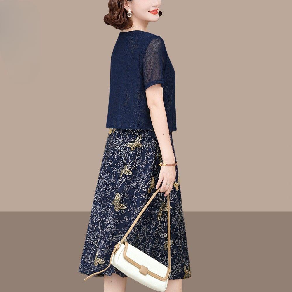 Elegantní letní šaty s krátkým rukávem pro ženy Móda pro střední věk Zeštíhlující Falešné dvoudílné Šaty pro matku