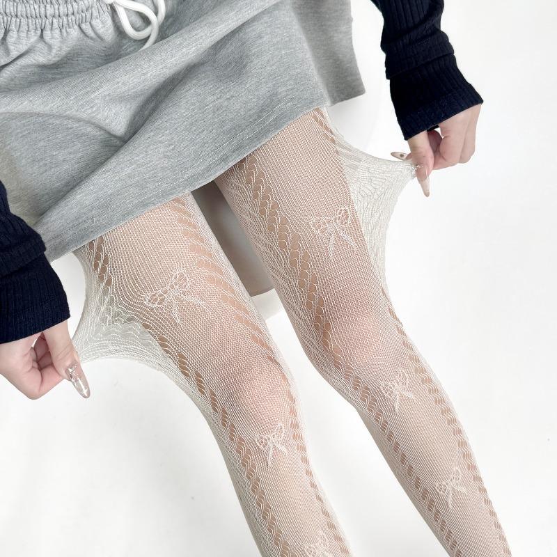 Korean Fashion Lace Jacquard Bow Tights for Girl Cute Summer Thin Hollow Breathable Pantyhose Sweet Elastic Embroidery Bow Sock