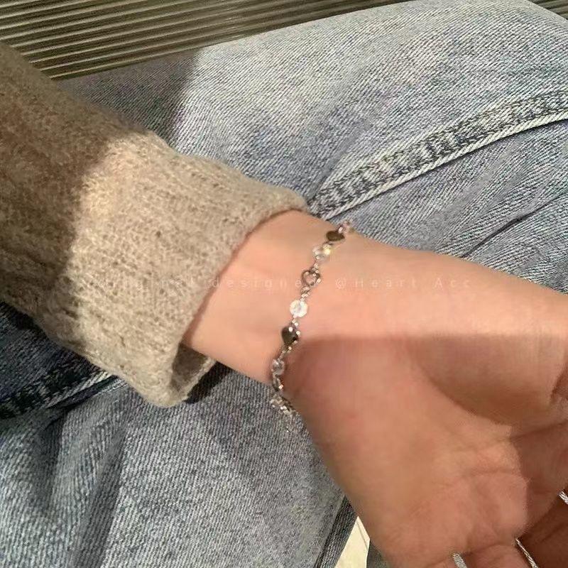 Sweet Cool Heart Rhinestone Bracelet for Girls, Ins Design Hand Jewelry, Gift for Best Friend or Girlfriend, Japanese and Korean Fresh Style Bracelet